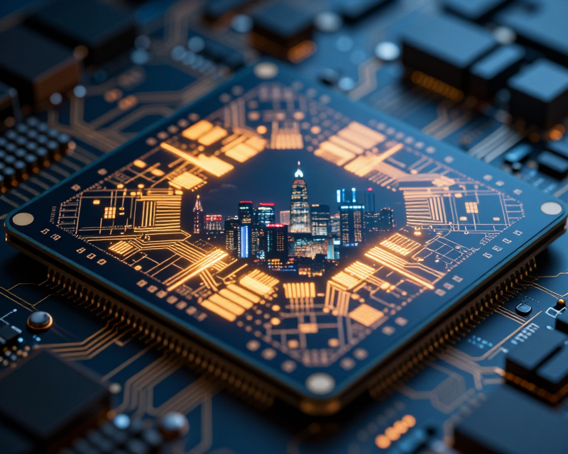 Futuristic Semiconductor and Seoul Skyline