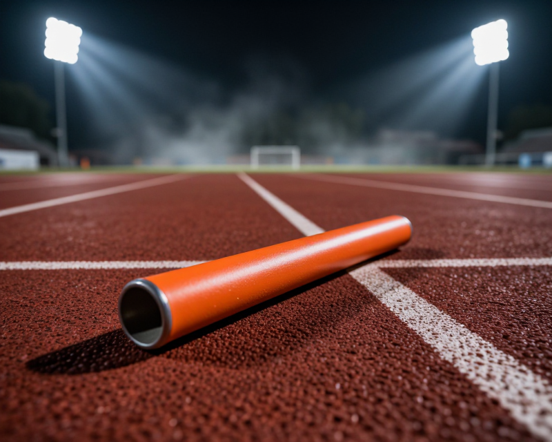 A dramatic moment of a relay baton on the track